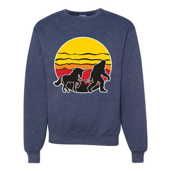 Wild Bobby Sunset Silhoutte Unicorn and Sasquatch Unisex Crewneck Sweatshirt