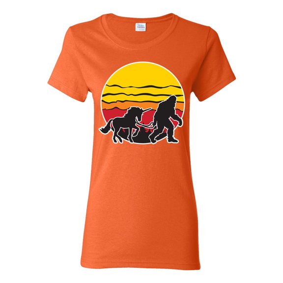 Wild Bobby Sunset Silhoutte Unicorn and Sasquatch Women Graphic Tee