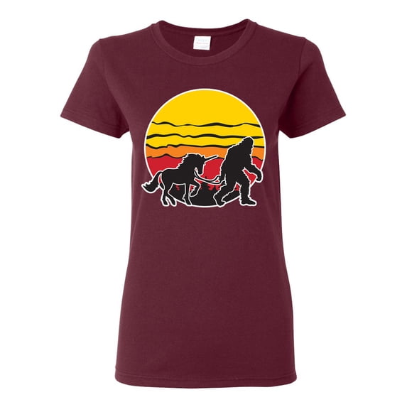 Wild Bobby Sunset Silhoutte Unicorn and Sasquatch Women Graphic Tee