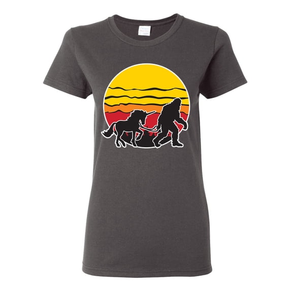Wild Bobby Sunset Silhoutte Unicorn and Sasquatch Women Graphic Tee