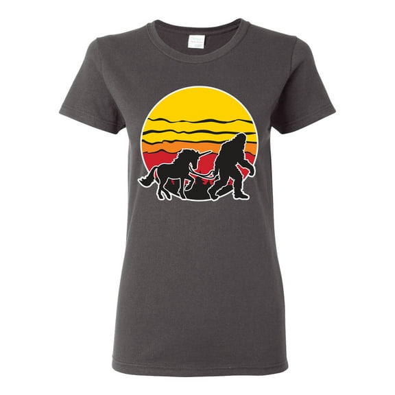 Wild Bobby Sunset Silhoutte Unicorn and Sasquatch Women Graphic Tee