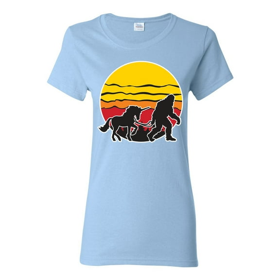 Wild Bobby Sunset Silhoutte Unicorn and Sasquatch Women Graphic Tee