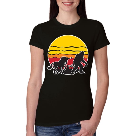 Wild Bobby Sunset Silhoutte Unicorn and Sasquatch Women Slim Fit Junior Tee