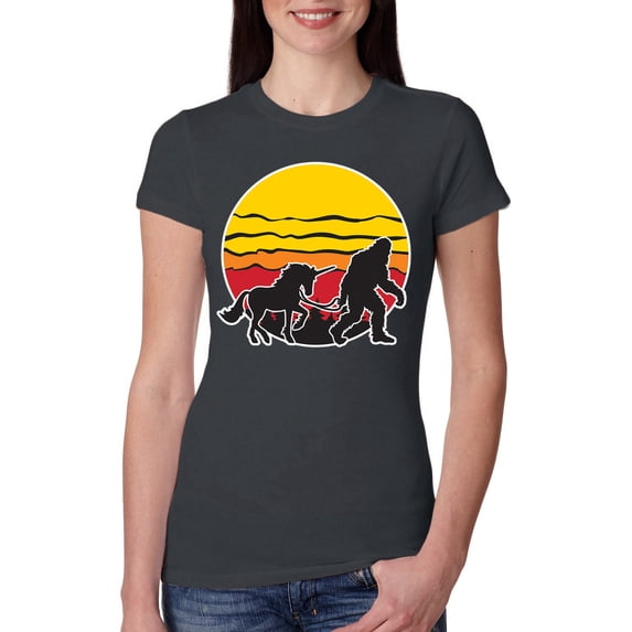 Wild Bobby Sunset Silhoutte Unicorn and Sasquatch Women Slim Fit Junior Tee