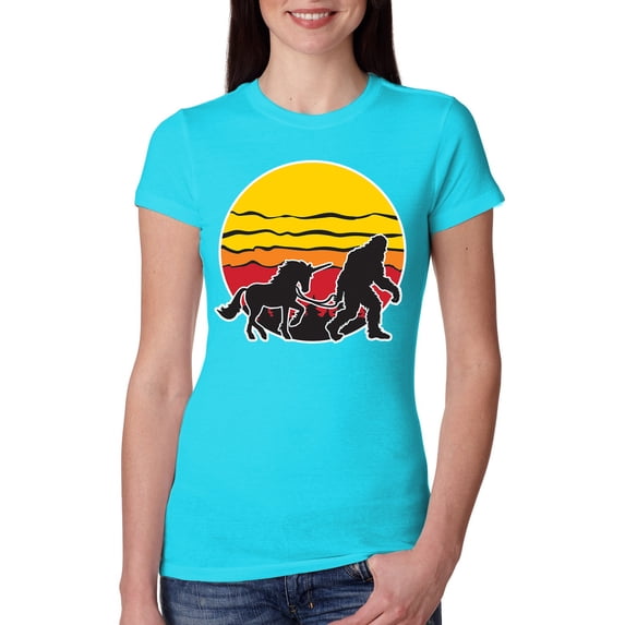 Wild Bobby Sunset Silhoutte Unicorn and Sasquatch Women Slim Fit Junior Tee