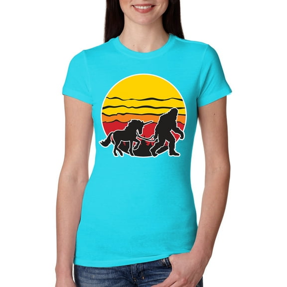Wild Bobby Sunset Silhoutte Unicorn and Sasquatch Women Slim Fit Junior Tee