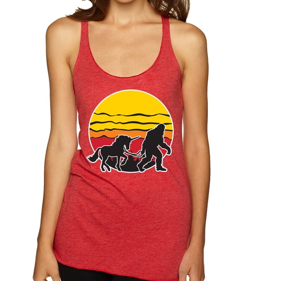 Wild Bobby Sunset Silhoutte Unicorn and Sasquatch Women Tri-Blend Racerback Tank Top
