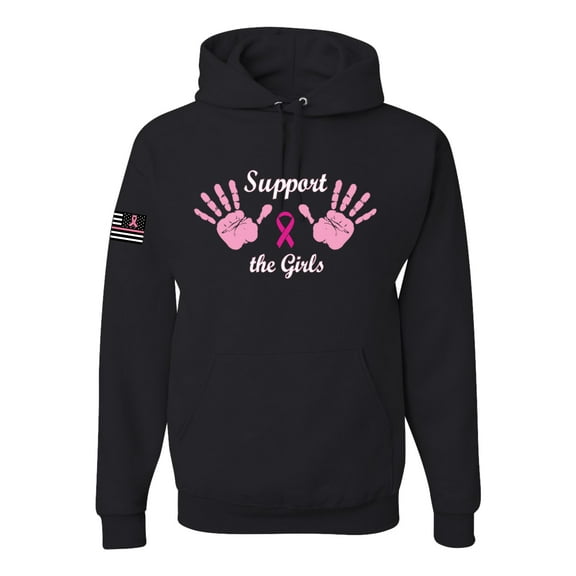 Wild Bobby, Support the Girls USA Flag Sleeve Breast Cancer Awareness Unisex Hoodie Sweatshirt, Black, 3X-Large