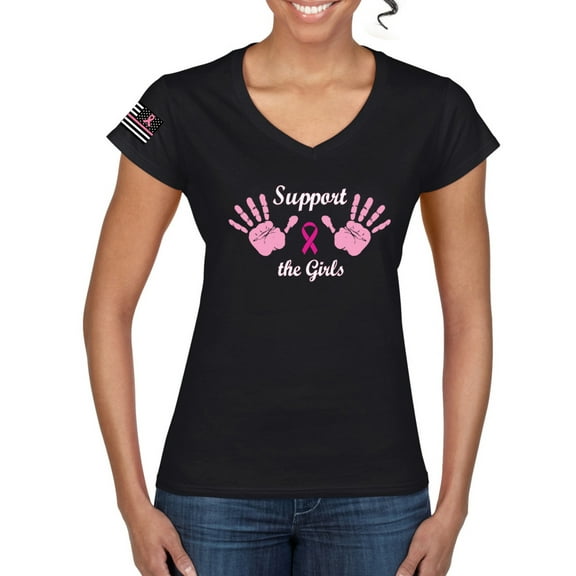 Wild Bobby Support the Girls USA Flag Sleeve Breast Cancer Awareness Women Standard V-Neck Tee, Black, Small