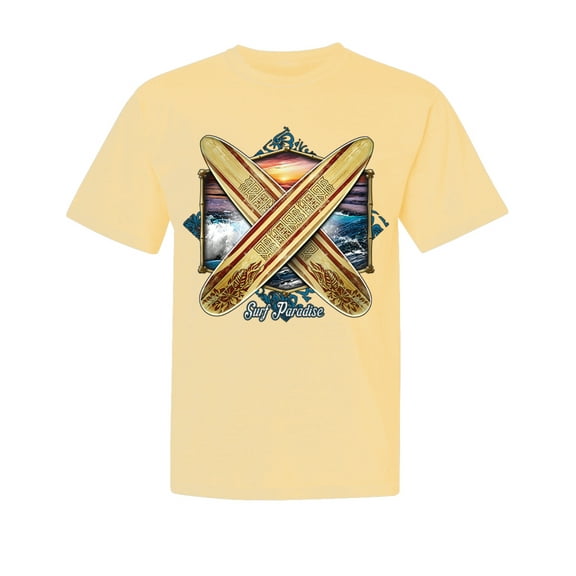 Wild Bobby, Surf Paradise Surfing Board, Garment-Dyed Washed Look Short Sleeve Tees, Banana, Large