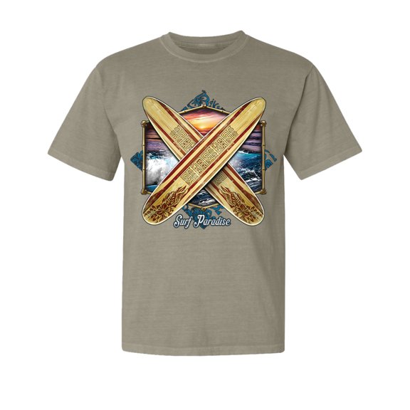 Wild Bobby, Surf Paradise Surfing Board, Garment-Dyed Washed Look Short Sleeve Tees, Sand, Large