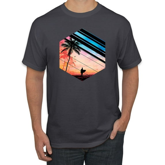 Wild Bobby, Surfer Walkign Across Beach Sunset, Streetwear, Men Graphic Tees, Charcoal, Large
