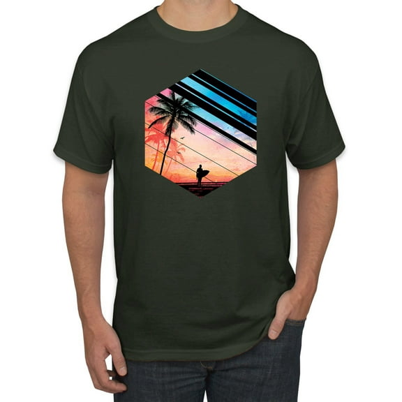 Wild Bobby, Surfer Walkign Across Beach Sunset, Streetwear, Men Graphic Tees, Forest Green, Medium
