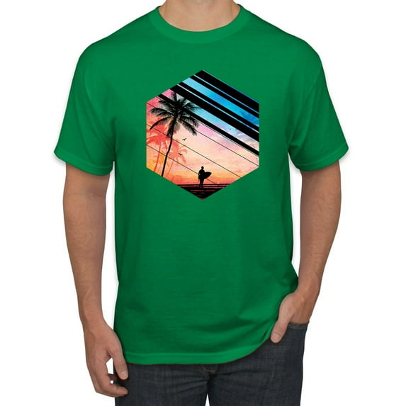 Wild Bobby, Surfer Walkign Across Beach Sunset, Streetwear, Men Graphic Tees, Kelly, 3XL