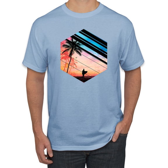 Wild Bobby, Surfer Walkign Across Beach Sunset, Streetwear, Men Graphic Tees, Light Blue, X-Large