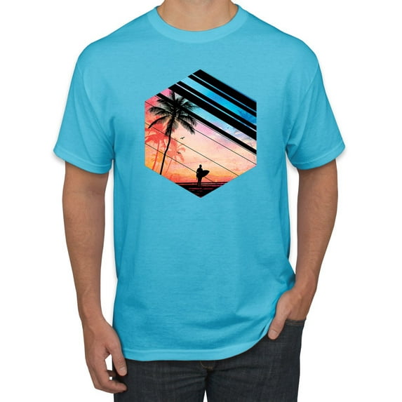 Wild Bobby, Surfer Walkign Across Beach Sunset, Streetwear, Men Graphic Tees, Light Turquoise, 3XL