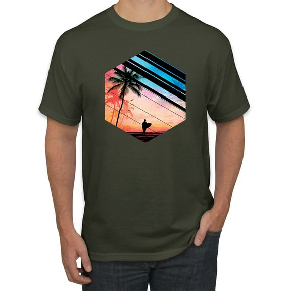 Wild Bobby, Surfer Walkign Across Beach Sunset, Streetwear, Men Graphic Tees, Military Green, X-Large