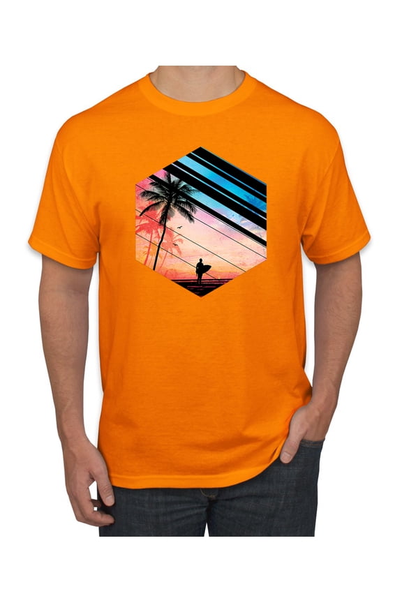 , Surfer Walkign Across Beach Sunset, Streetwear, Men Graphic Tees, Orange, 5XL