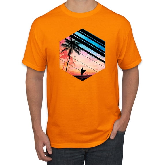 Wild Bobby, Surfer Walkign Across Beach Sunset, Streetwear, Men Graphic Tees, Orange, X-Large
