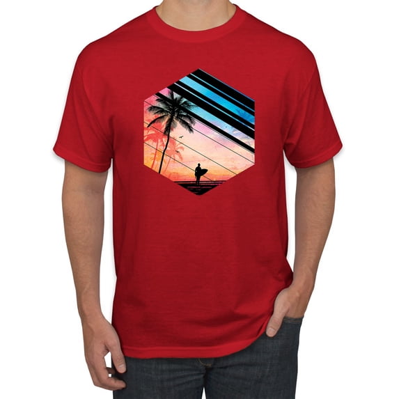 Wild Bobby, Surfer Walkign Across Beach Sunset, Streetwear, Men Graphic Tees, Red, X-Large
