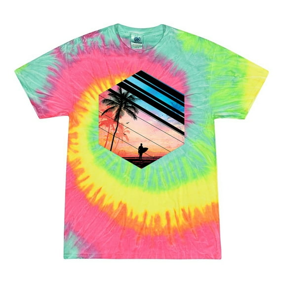 Wild Bobby, Surfer Walkign Across Beach Sunset, Streetwear, Tie-Dye Tees, Minty Rainbow, Large