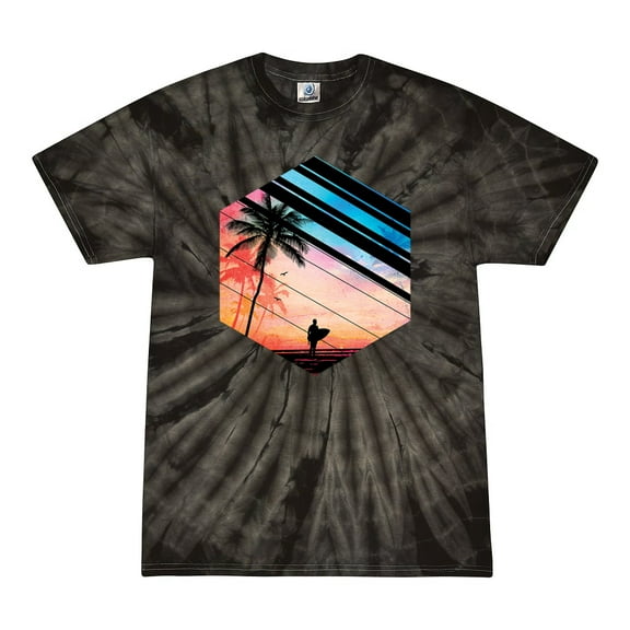 Wild Bobby, Surfer Walkign Across Beach Sunset, Streetwear, Tie-Dye Tees, Spiral Black, Medium