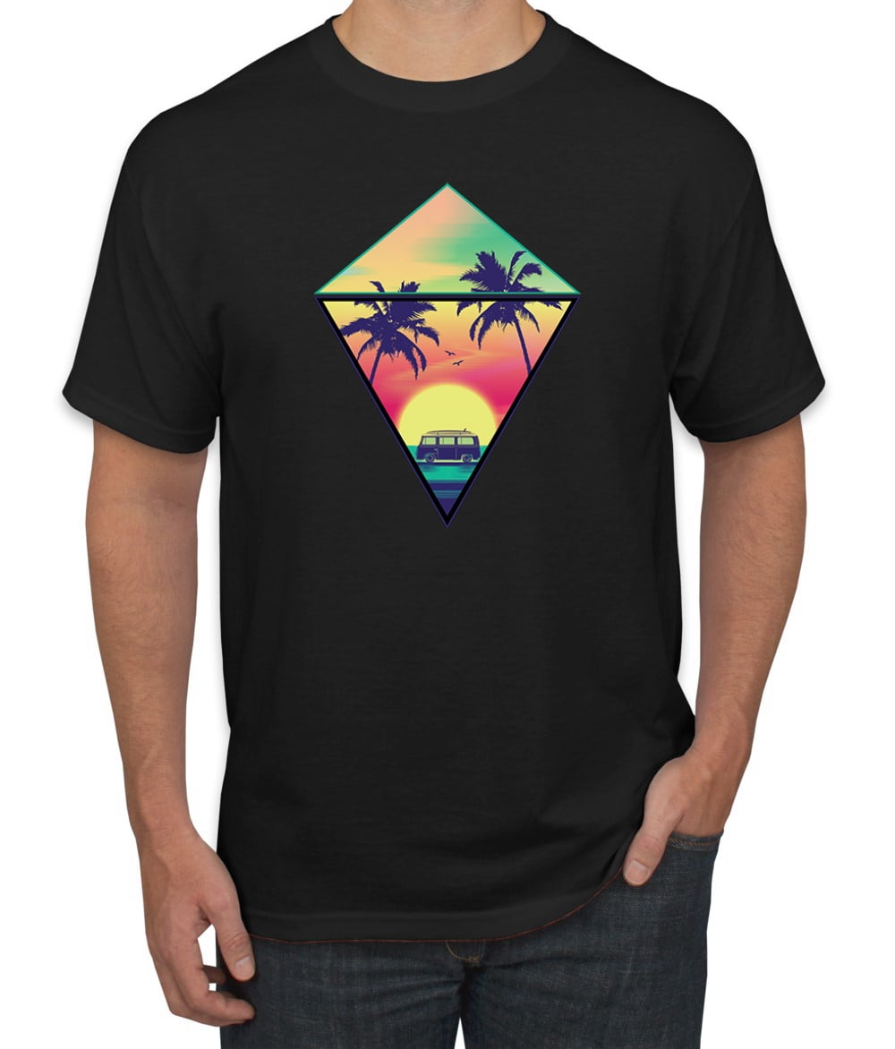 Wild Bobby, Surfing Van at the Beach Sunset Paradise, Streetwear, Men Graphic Tees, Black, X-Large