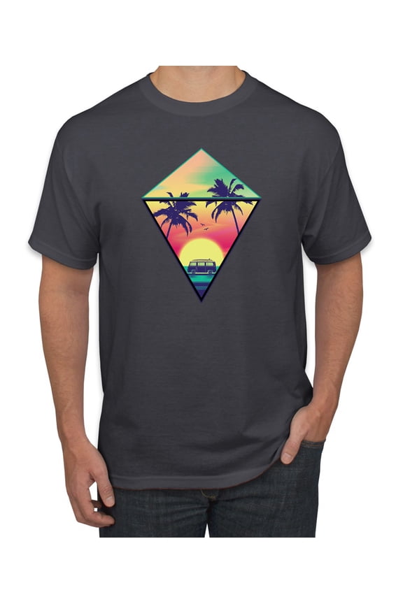 , Surfing Van at the Beach Sunset Paradise, Streetwear, Men Graphic Tees, Charcoal, 3XL