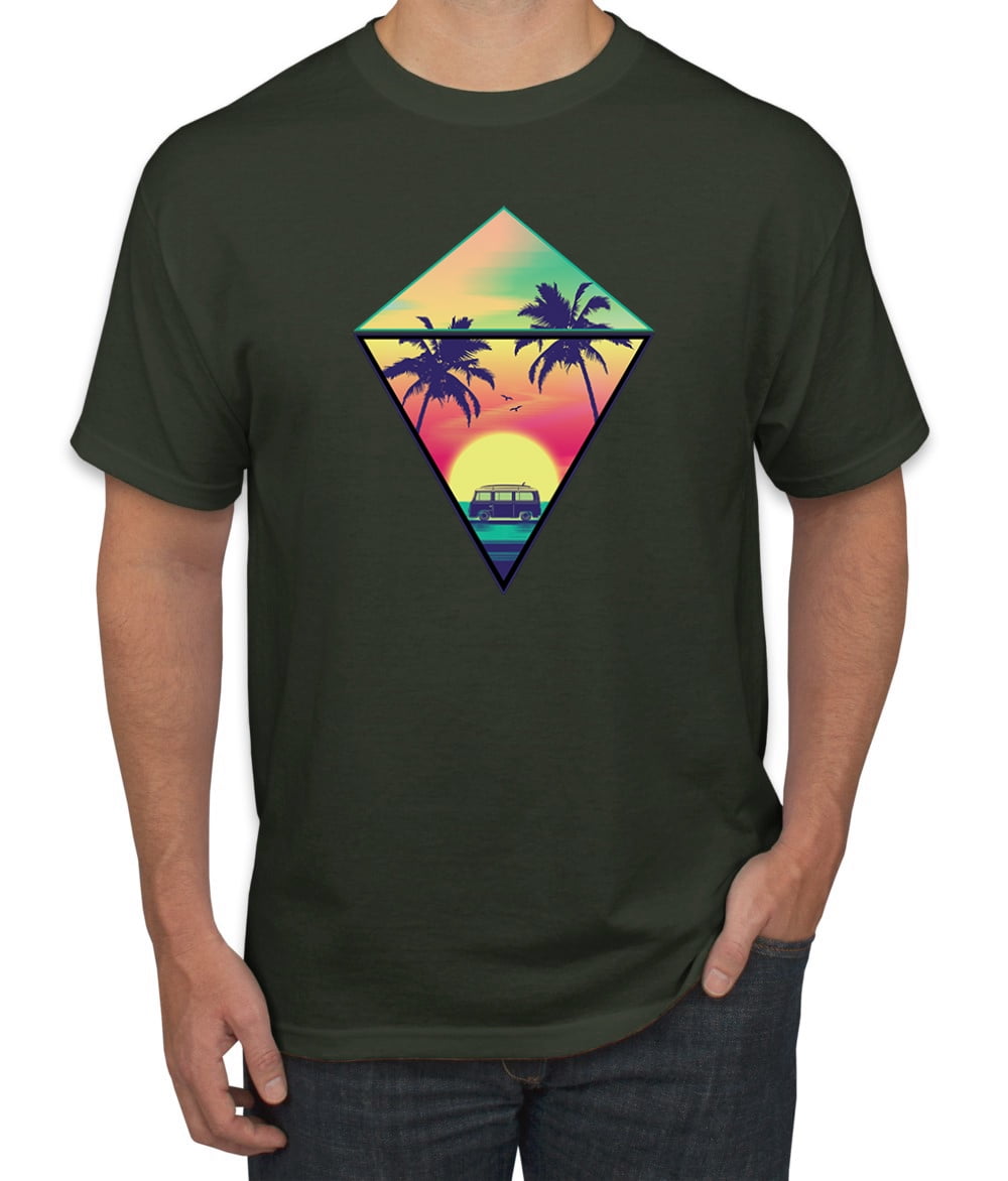 Wild Bobby, Surfing Van at the Beach Sunset Paradise, Streetwear, Men Graphic Tees, Forest Green, Large