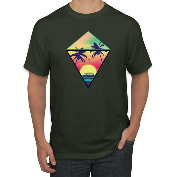 Wild Bobby, Surfing Van at the Beach Sunset Paradise, Streetwear, Men Graphic Tees, Forest Green, Large