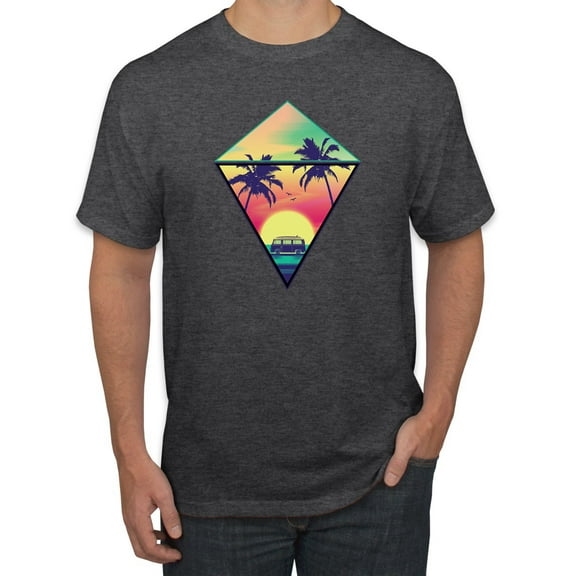 Wild Bobby, Surfing Van at the Beach Sunset Paradise, Streetwear, Men Graphic Tees, Heather Black, Medium