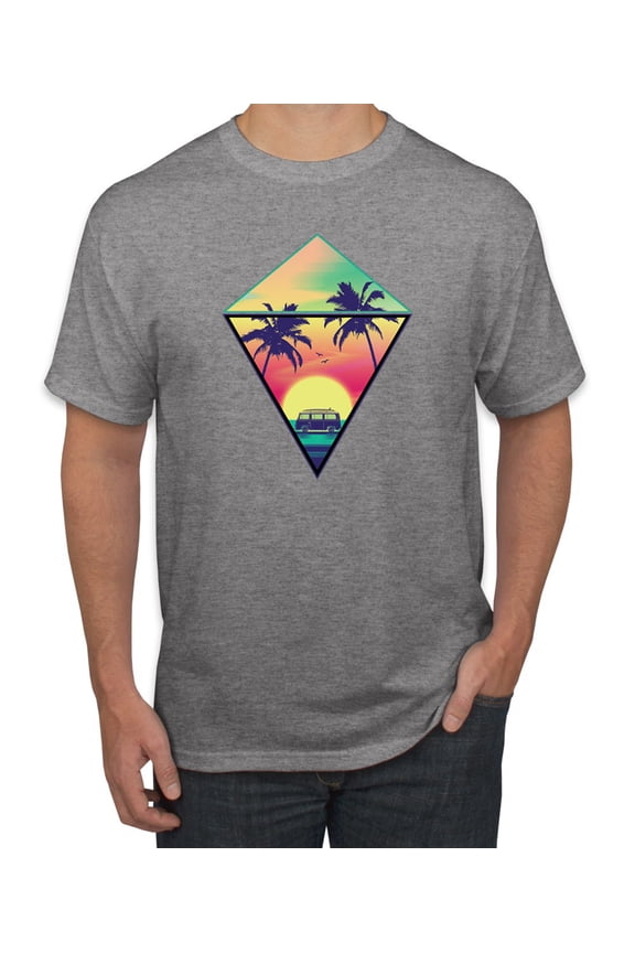 , Surfing Van at the Beach Sunset Paradise, Streetwear, Men Graphic Tees, Heather Grey, Small
