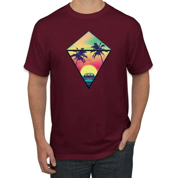 Wild Bobby, Surfing Van at the Beach Sunset Paradise, Streetwear, Men Graphic Tees, Maroon, Small