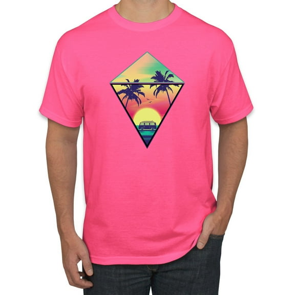Wild Bobby, Surfing Van at the Beach Sunset Paradise, Streetwear, Men Graphic Tees, Neon Pink, X-Large