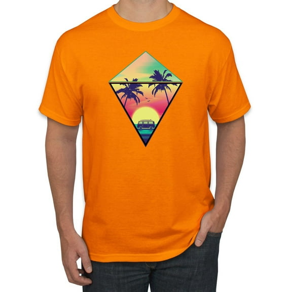 Wild Bobby, Surfing Van at the Beach Sunset Paradise, Streetwear, Men Graphic Tees, Orange, Small