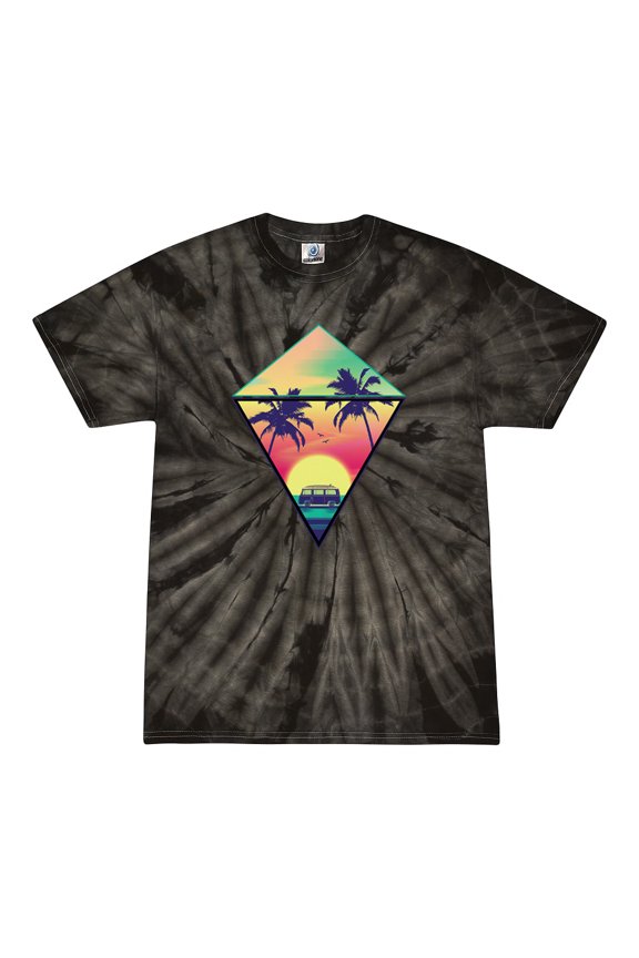 , Surfing Van at the Beach Sunset Paradise, Streetwear, Tie-Dye Tees, Spiral Black, X-Large