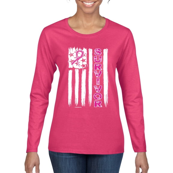 Wild Bobby Survivor Awareness Flag Awareness Breast Cancer Awareness Women Graphic Long Sleeve T-Shirt, Fuschia, XX-Large