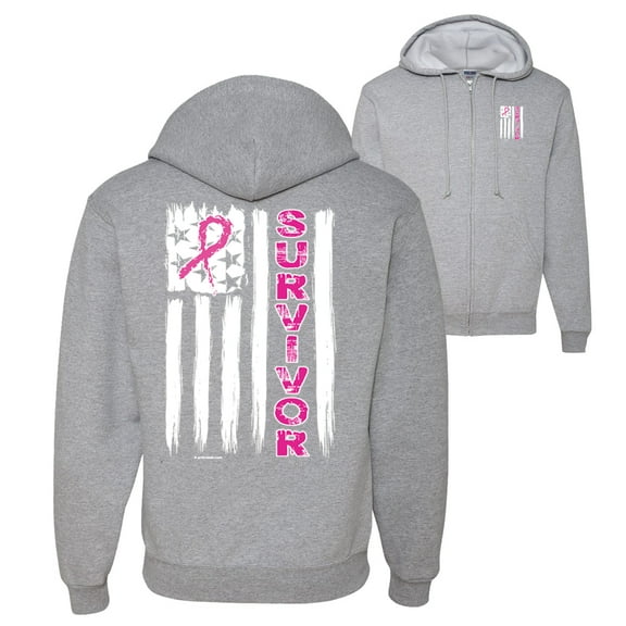 Wild Bobby, Survivor Awareness Flag, Breast Cancer Awareness, Front and Back Graphic Zip Up Hoodie Sweatshirt, Heather Grey, Medium