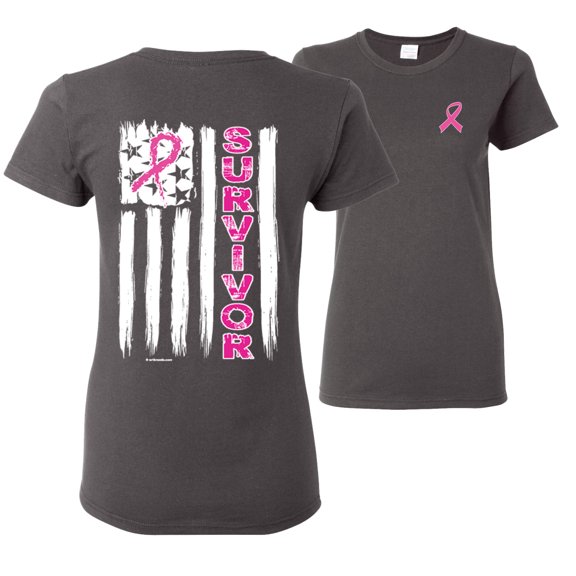 Wild Bobby, Survivor Awareness Flag, Breast Cancer Awareness, Front and Back Women Graphic Tee, Charcoal, X-Large