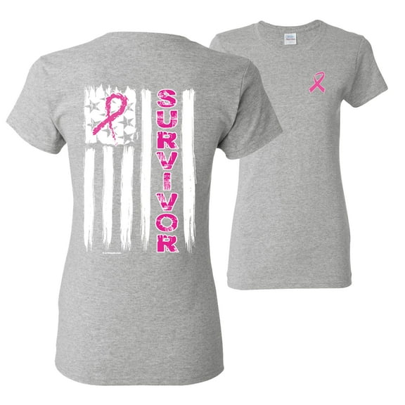 Wild Bobby, Survivor Awareness Flag, Breast Cancer Awareness, Front and Back Women Graphic Tee, Heather Grey, Large