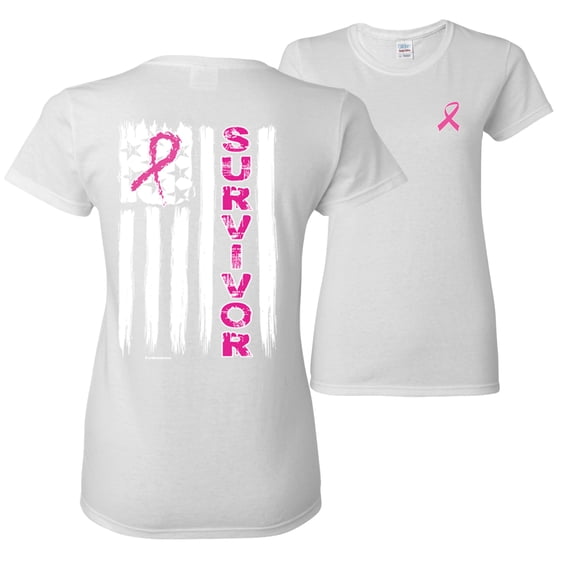 Wild Bobby, Survivor Awareness Flag, Breast Cancer Awareness, Front and Back Women Graphic Tee, White, Medium