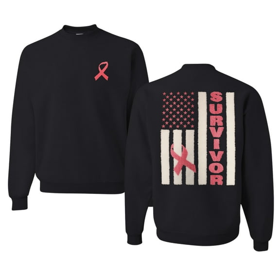 Wild Bobby Survivor | Breast Cancer Awareness Support Trendy Fuzzy Pink Chenille Fabric Patch Style Front and Back Crewneck Sweatshirt