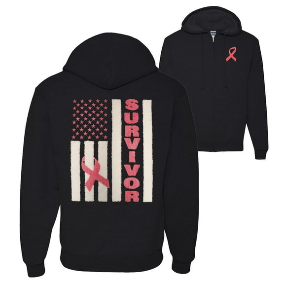 Wild Bobby Survivor | Breast Cancer Awareness Support Trendy Fuzzy Pink Chenille Fabric Patch Style Front and Back Zip Up Hoodie Sweatshirt