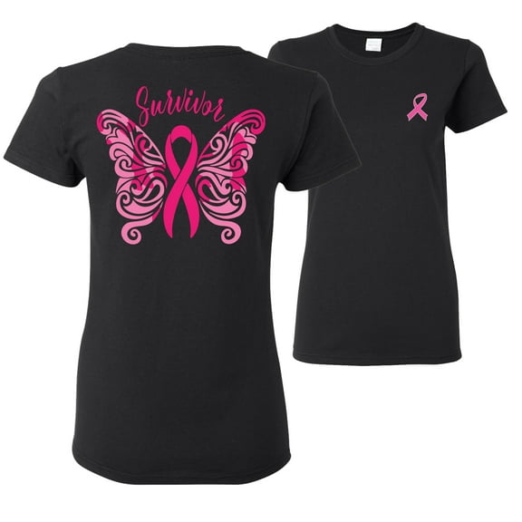 Wild Bobby, Survivor Breast Cancer Butterfly Ribbon, Breast Cancer Awareness, Front and Back Women Graphic Tees, Black, Small