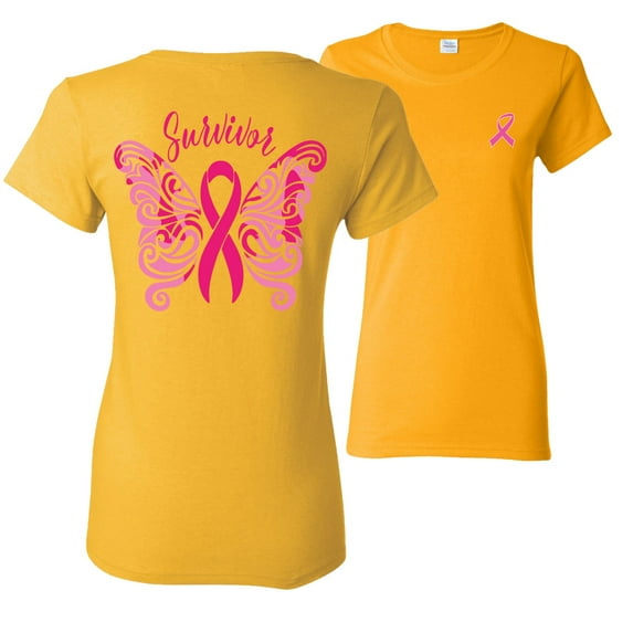 Wild Bobby, Survivor Breast Cancer Butterfly Ribbon, Breast Cancer Awareness, Front and Back Women Graphic Tees, Gold, Large