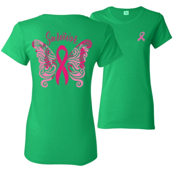 Wild Bobby, Survivor Breast Cancer Butterfly Ribbon, Breast Cancer Awareness, Front and Back Women Graphic Tees, Kelly, Small