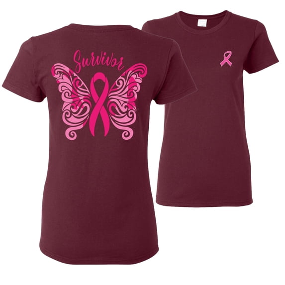 Wild Bobby, Survivor Breast Cancer Butterfly Ribbon, Breast Cancer Awareness, Front and Back Women Graphic Tees, Maroon, 3X-Large
