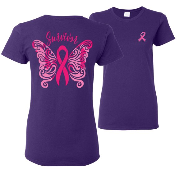 Wild Bobby, Survivor Breast Cancer Butterfly Ribbon, Breast Cancer Awareness, Front and Back Women Graphic Tees, Purple, X-Large