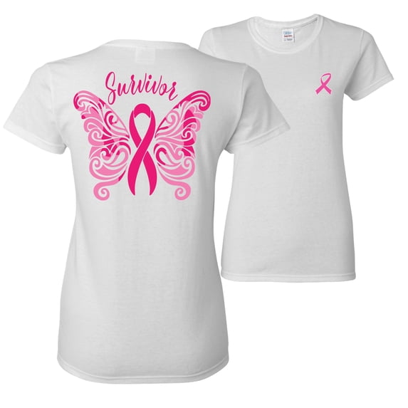 Wild Bobby, Survivor Breast Cancer Butterfly Ribbon, Breast Cancer Awareness, Front and Back Women Graphic Tees, White, Small