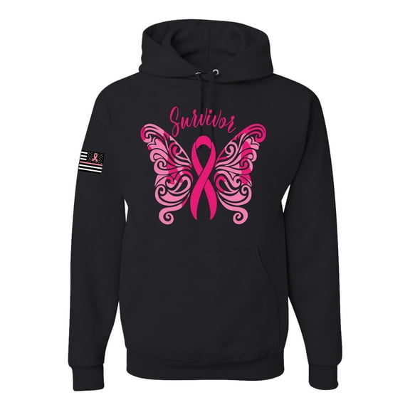 Wild Bobby, Survivor Breast Cancer Butterfly USA Flag Sleeve Breast Cancer Awareness Unisex Hoodie Sweatshirt, Black, Small